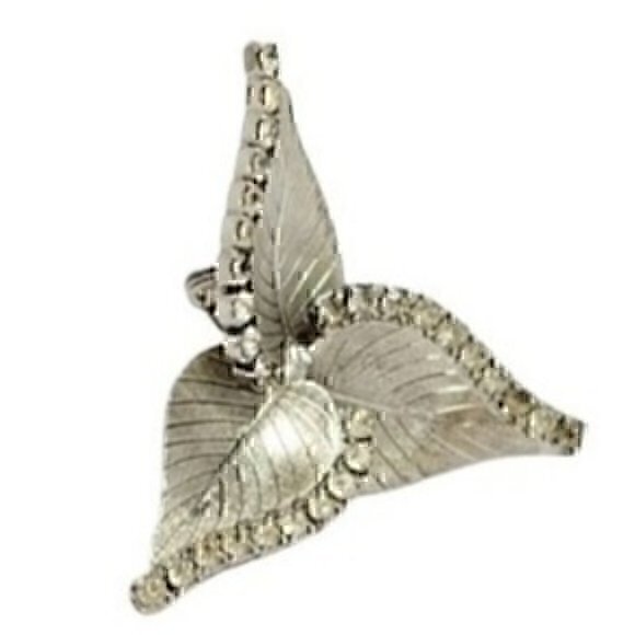 Vintage Rhinestones Silver Tone Leaf Brooch Pin - Picture 5 of 5